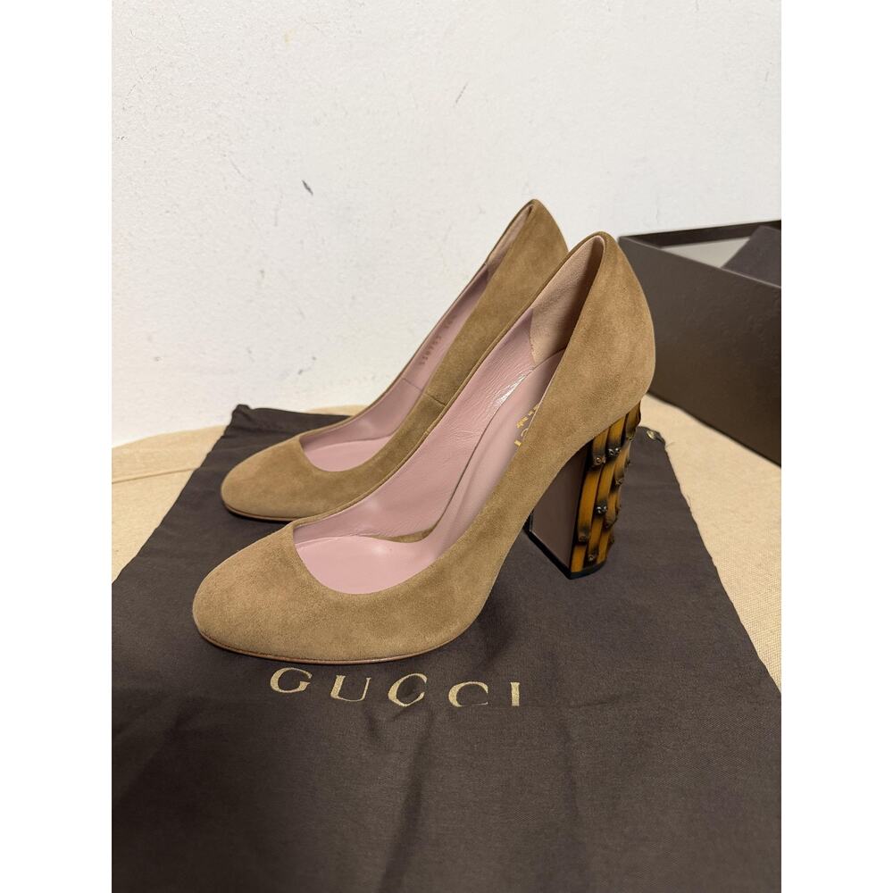 Gucci Shoes Womens Size 6.5 Brown Suede Bamboo Studded Block Heel Pumps Italy